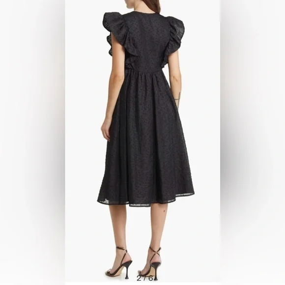 Chelsea 28 Ruffle Cap Sleeve Organza Midi Dress Large Black - Picture 2 of 13